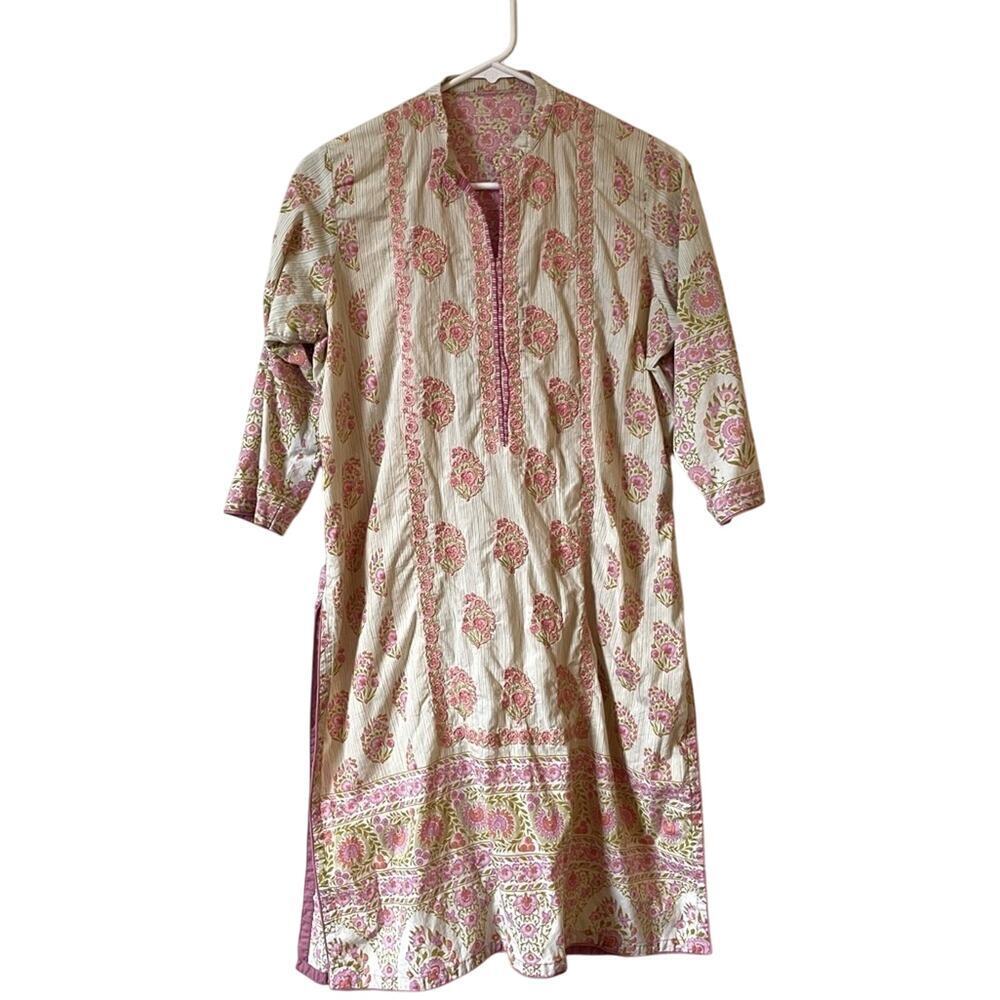 Unbranded Vintage Kurta Sheath Dress Medium Pink Green Women‎ Floral Cotton